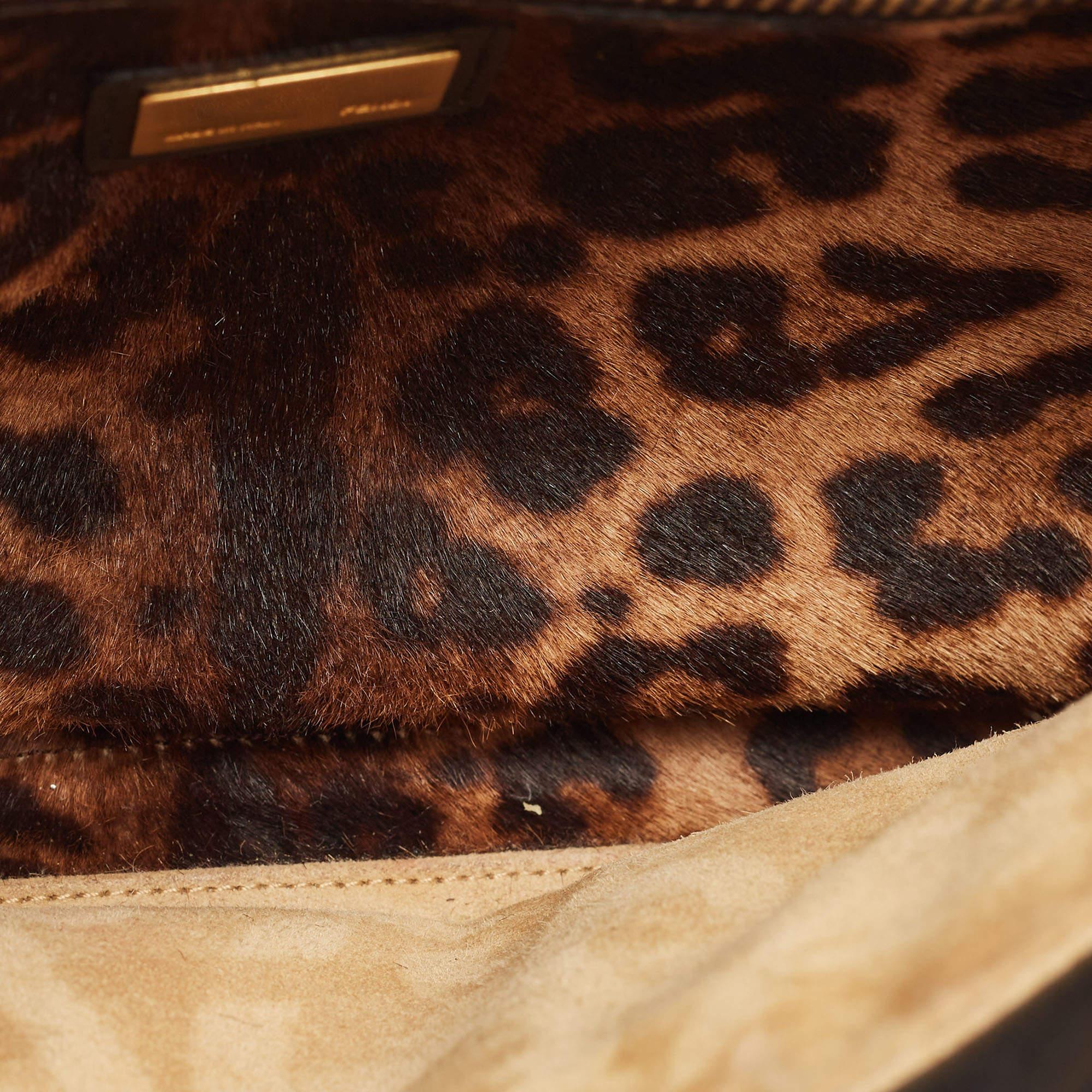 Fendi Black Leather and Leopard Print Calf Hair Interior Medium Peekaboo Top Han 4