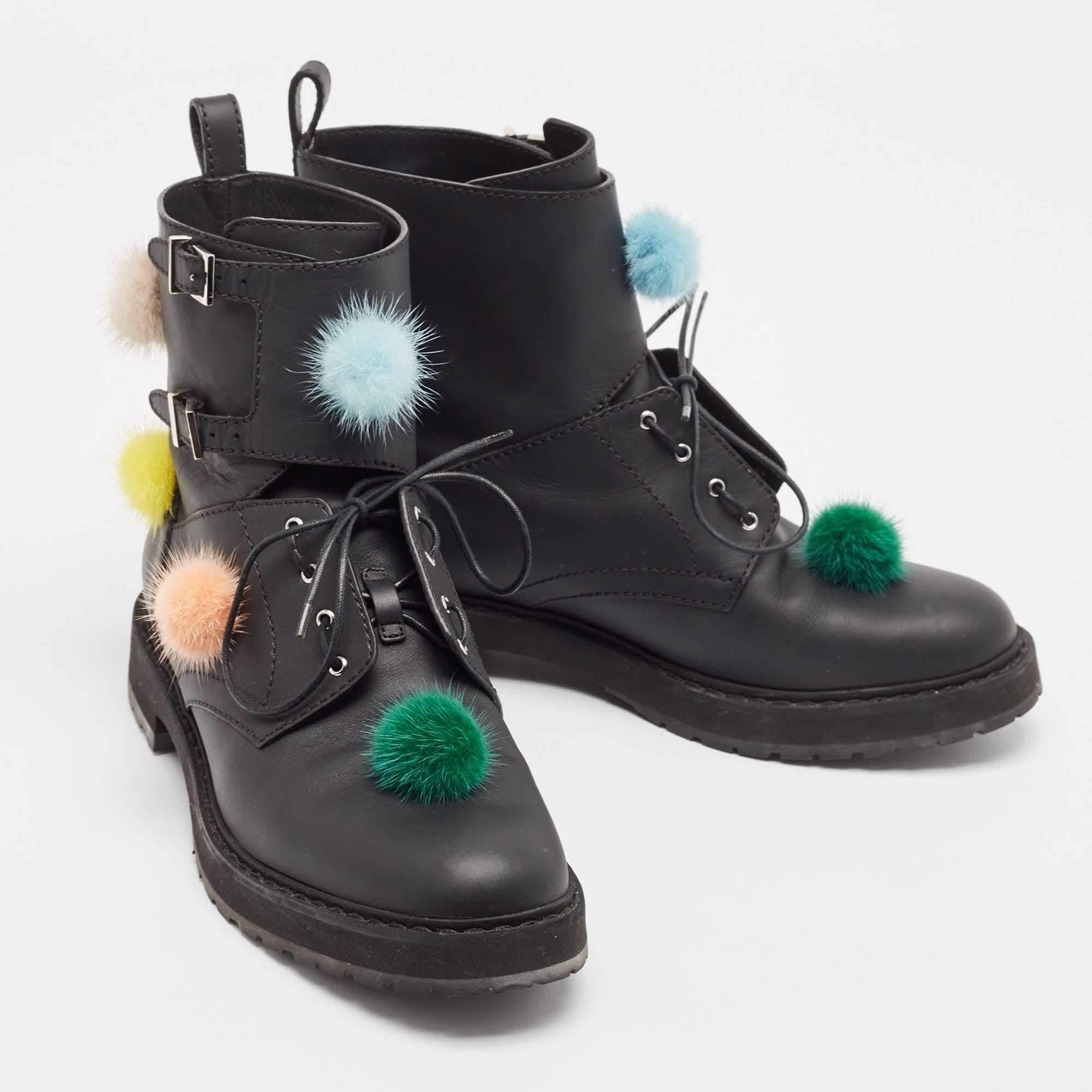 Women's Fendi Black Leather and Mink Pompoms Biker Boots Size 39