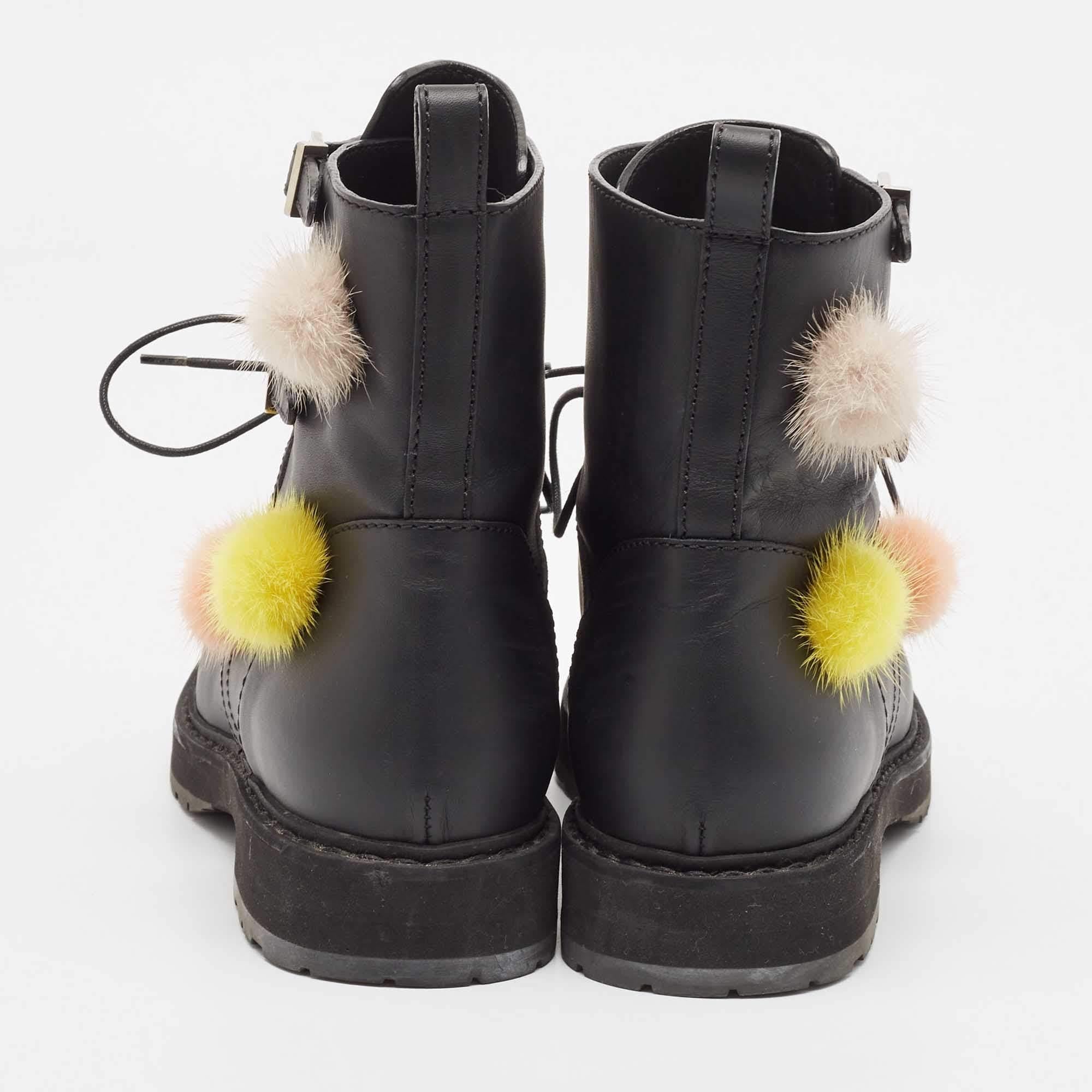 Fendi Black Leather and Mink Pompoms Biker Boots Size 39 1