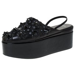 Fendi Black Leather And Patent FlowerLand Flat Platform Slingback Sandals Size 3