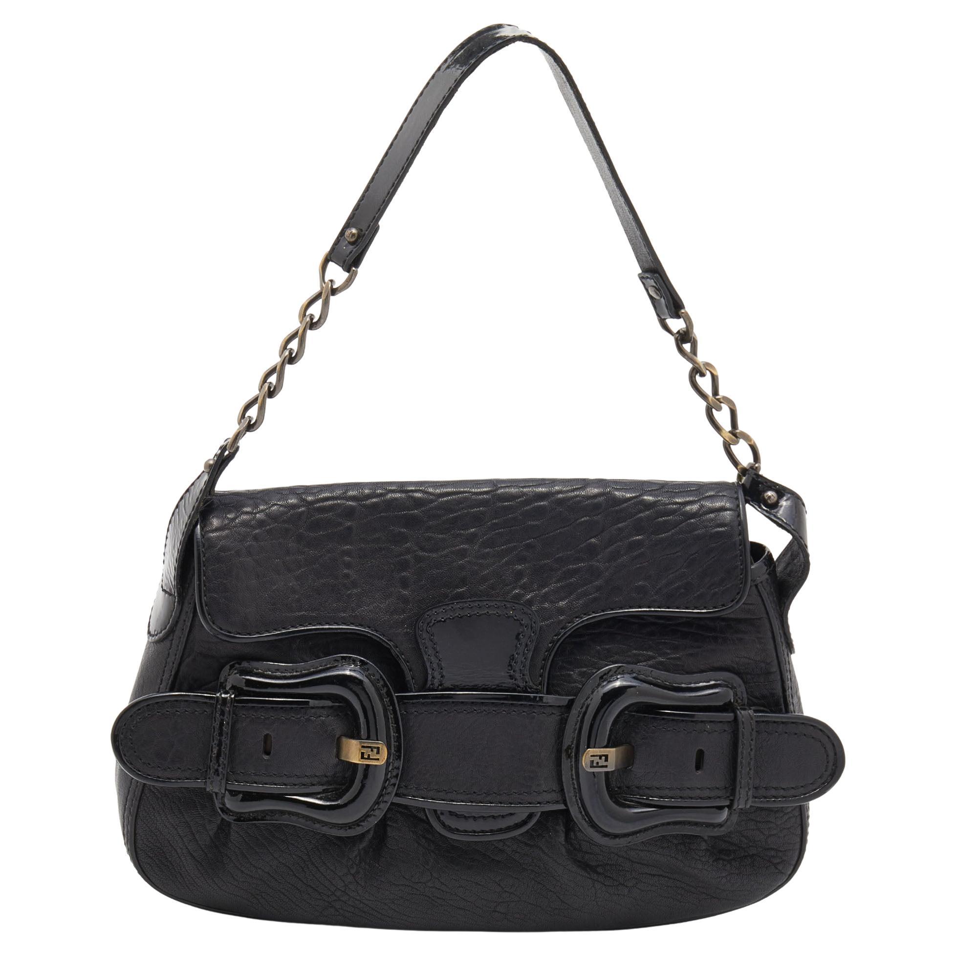 Fendi Black Leather And Patent Leather B Bis Shoulder Bag