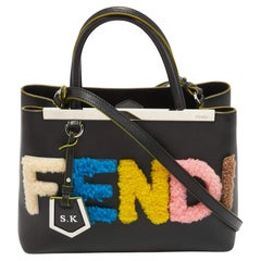 Fendi Black Leather and Shearling Logo Petite Sac 2jours Tote