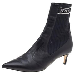 Used Fendi Black Leather And Stretch Knit Fabric Rockoko Ankle Boots Size 37.5