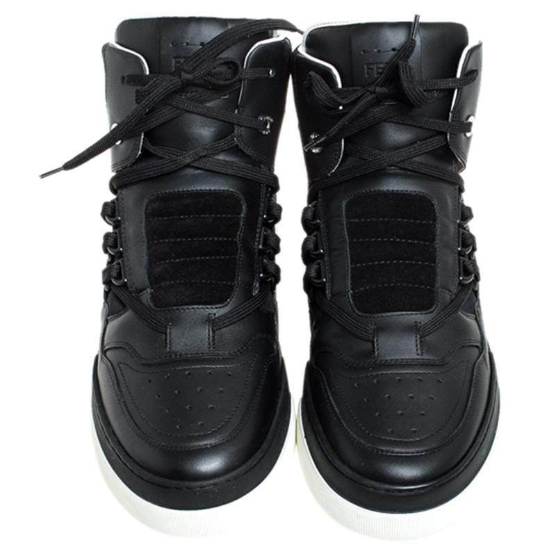 Fendi Black Leather And Suede Lace Up High Top Sneakers Size 40 In New Condition In Dubai, Al Qouz 2
