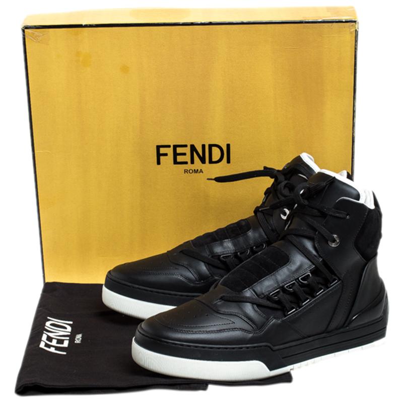 Fendi Black Leather And Suede Lace Up High Top Sneakers Size 40 4