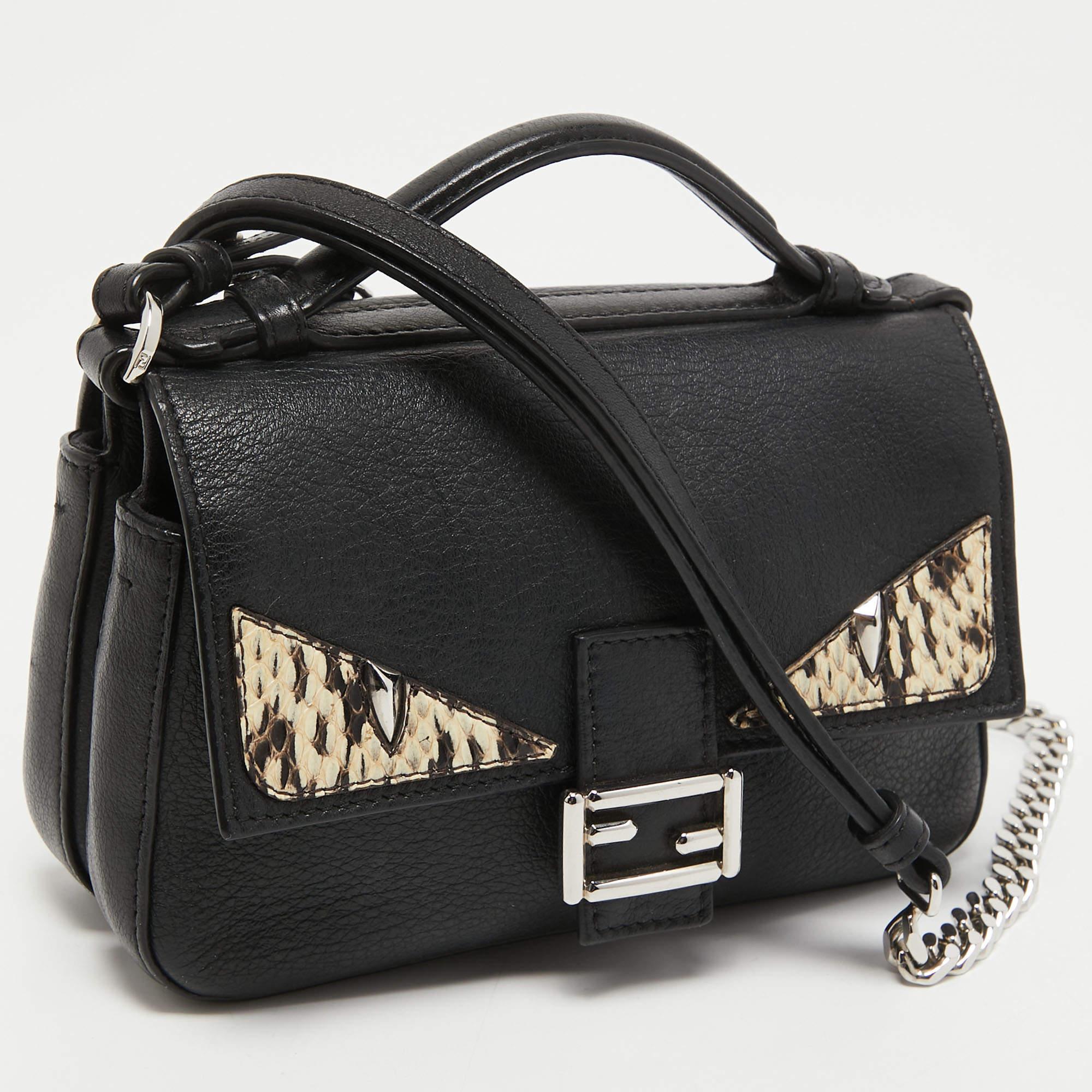 Fendi Black Leather and Watersnake Monster Micro Double Baguette Bag 6