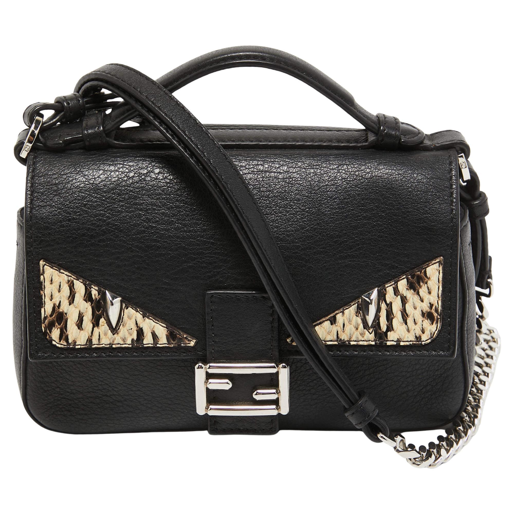 Fendi Black Leather and Watersnake Monster Micro Double Baguette Bag