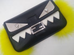 Fendi Black Leather and yellow Fox Fur Micro Buggie Monster Baguette Bag