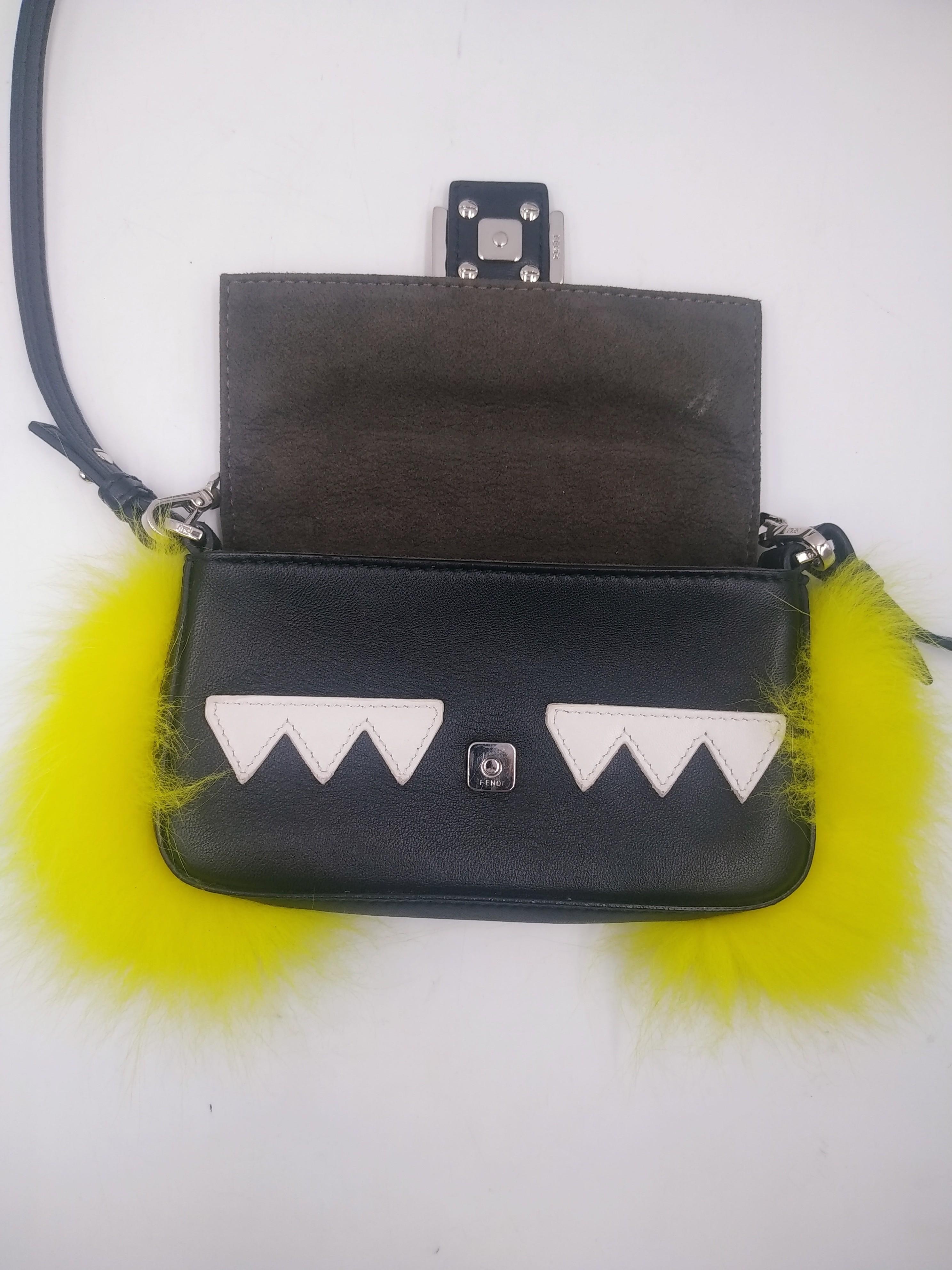 Fendi Black Leather and yellow Fox Fur Micro Buggie Monster Baguette Bag In Good Condition For Sale In Lugano, Ticino