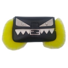 Fendi Black Leather and yellow Fox Fur Micro Buggie Monster Baguette Bag