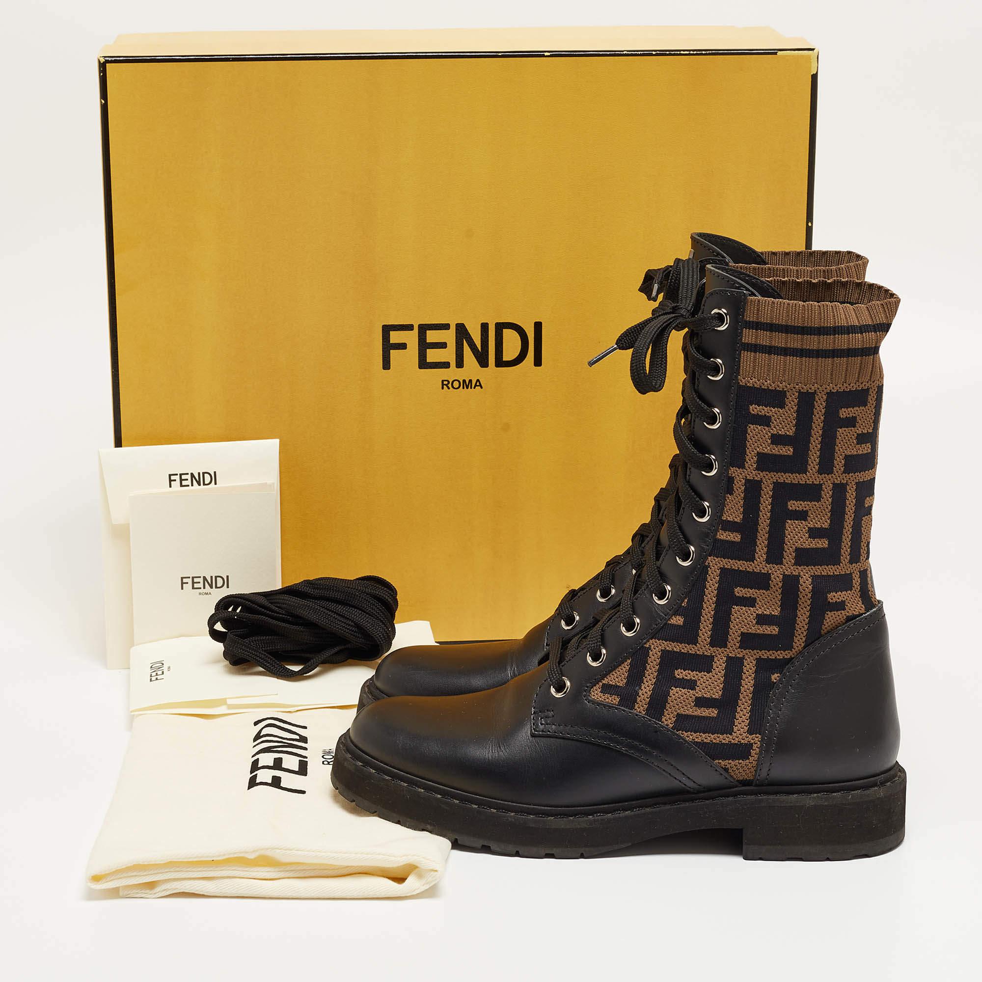 Women's Fendi Black Leather and Zucca Stretch Fabric Rockoko Combat Boots Size 36