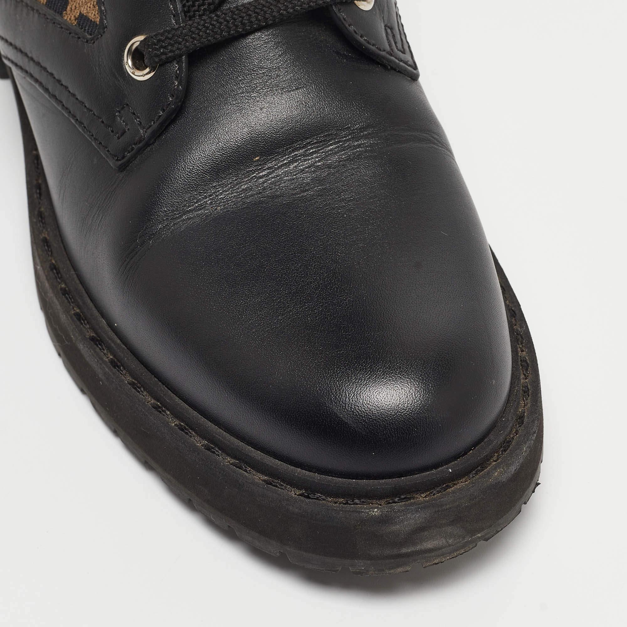 Fendi Black Leather and Zucca Stretch Fabric Rockoko Combat Boots Size 36 1