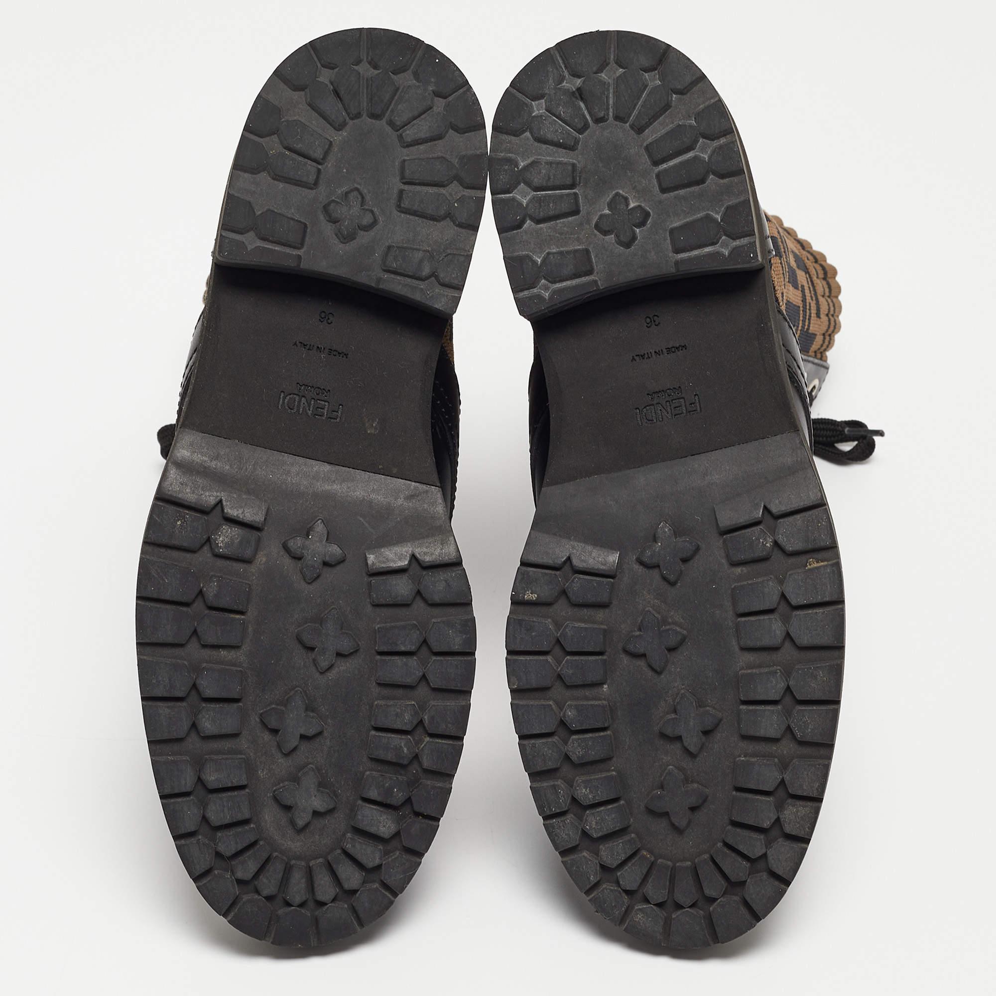 Fendi Black Leather and Zucca Stretch Fabric Rockoko Combat Boots Size 36 2