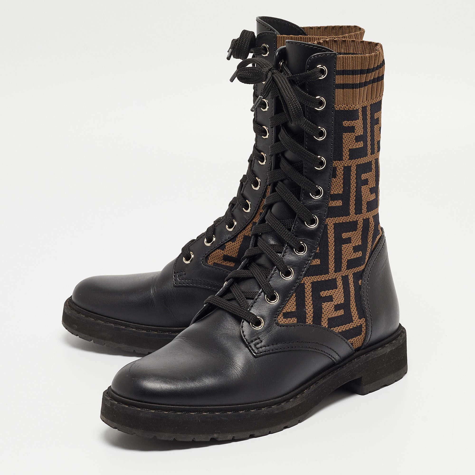 Fendi Black Leather and Zucca Stretch Fabric Rockoko Combat Boots Size 36 3