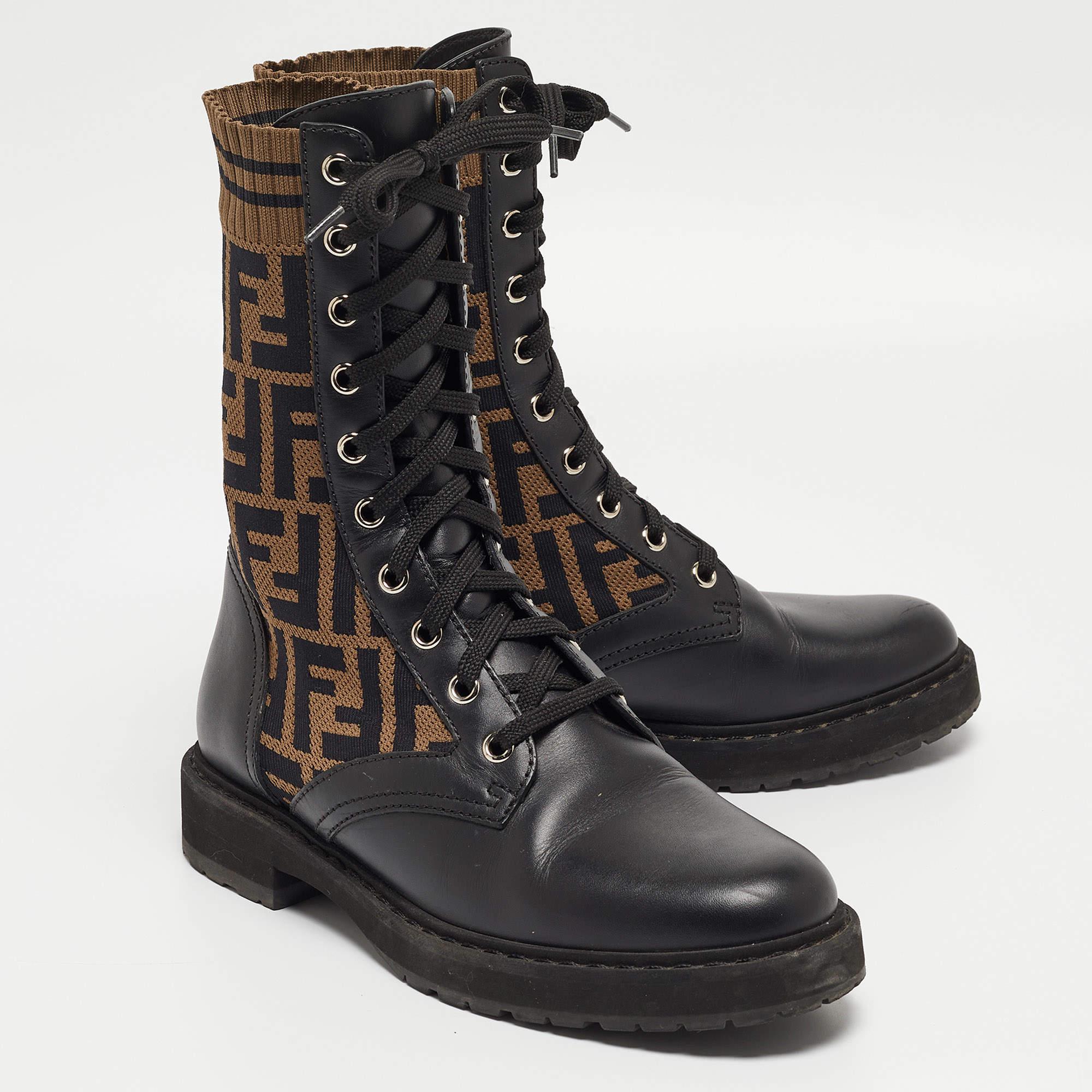 Fendi Black Leather and Zucca Stretch Fabric Rockoko Combat Boots Size 36 4