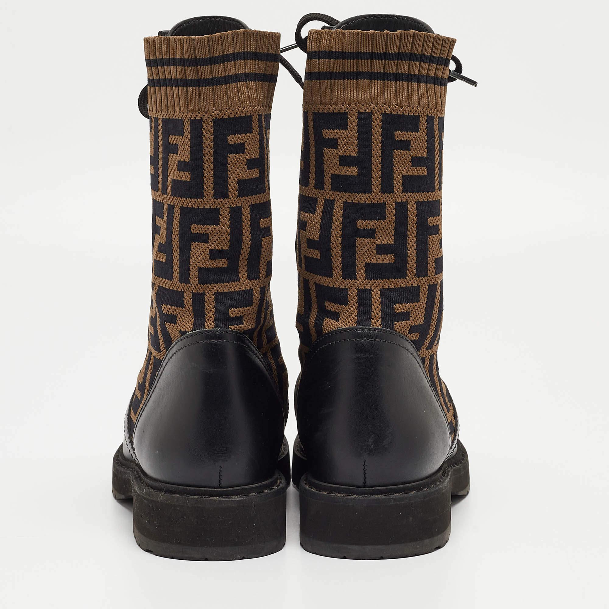 Fendi Black Leather and Zucca Stretch Fabric Rockoko Combat Boots Size 36 5