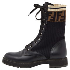 Fendi Black Leather and Zucca Stretch Fabric Rockoko Combat Boots Size 38