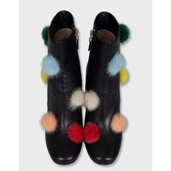 Fendi Black Leather Ankle Boots with Fur Pompoms EU 39.5 Block Heel