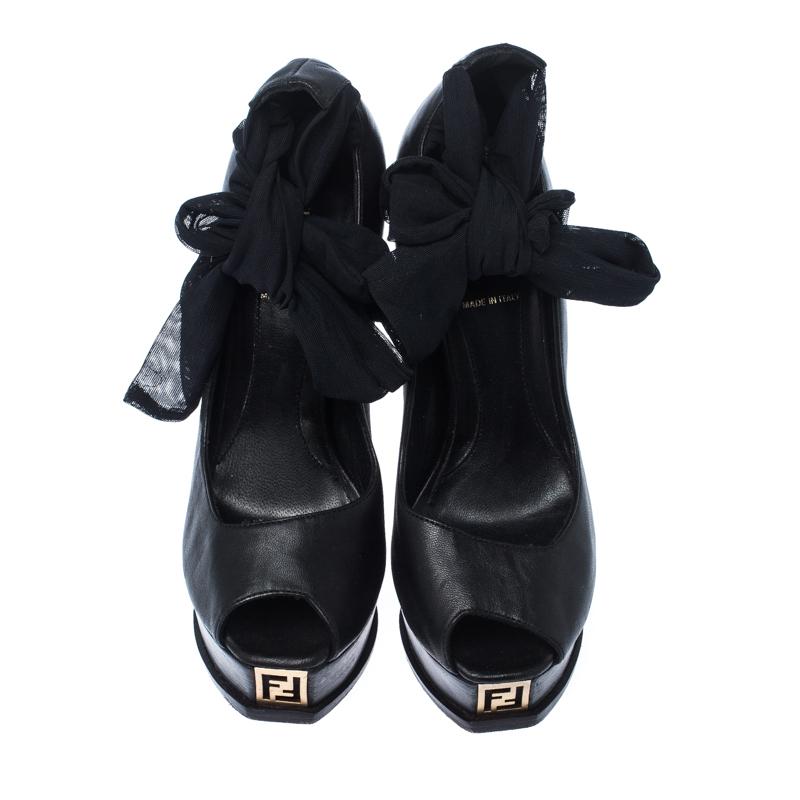 Fendi Black Leather Ankle Warp Peep Toe Pumps Size 36.5 In Good Condition In Dubai, Al Qouz 2