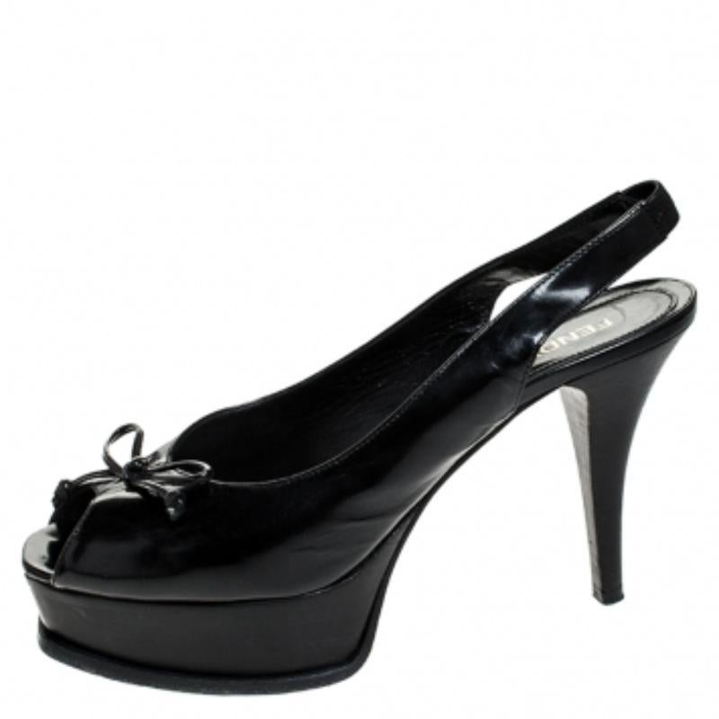 Fendi - Sandales à plateforme en cuir noir avec nœud Peep Toe Taille 39