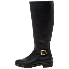 Fendi Black Leather Buckle Detail Knee Length Boots Size 37