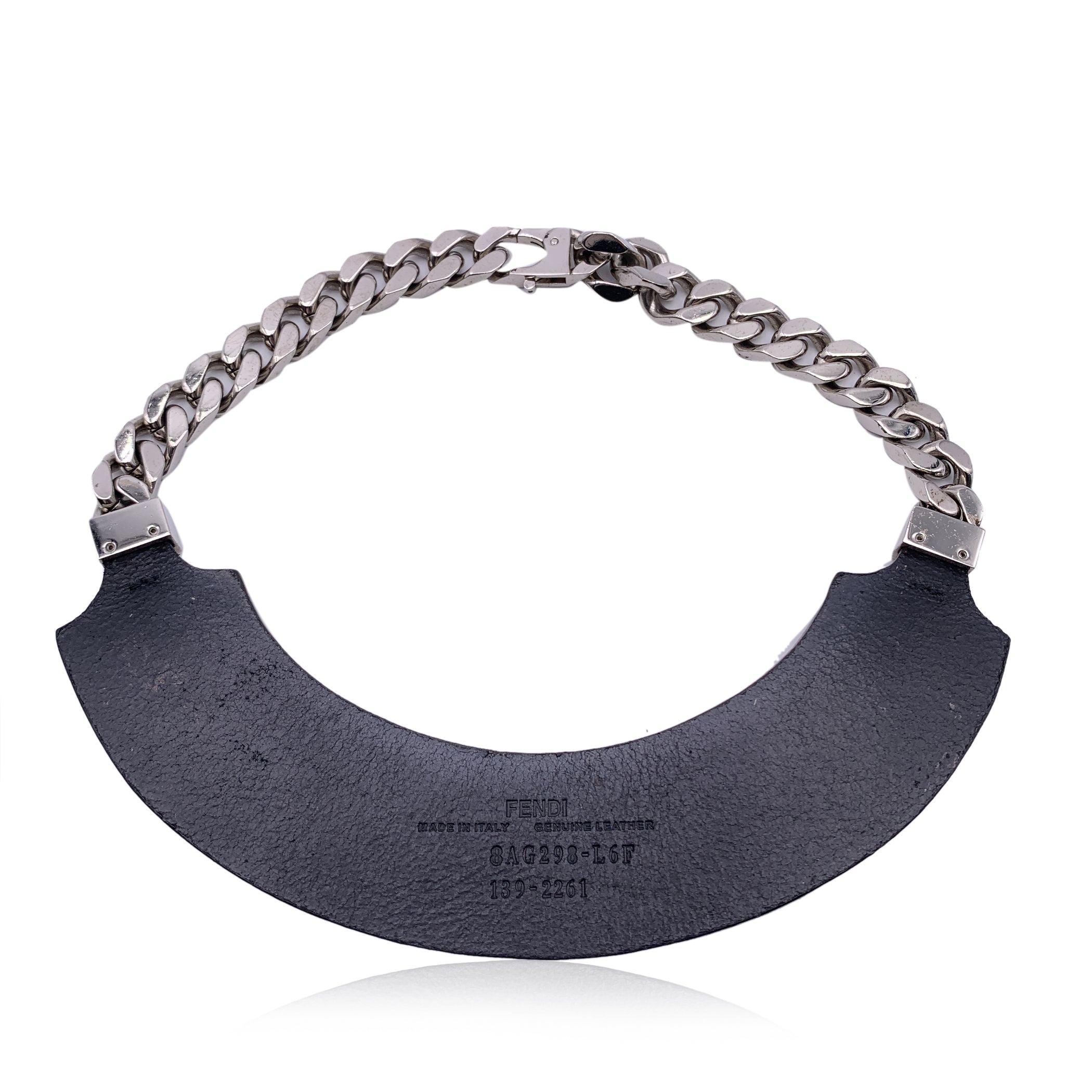 Fendi Black Leather Collar and Silver Metal Cuban Chain Necklace In Excellent Condition In Rome, Rome