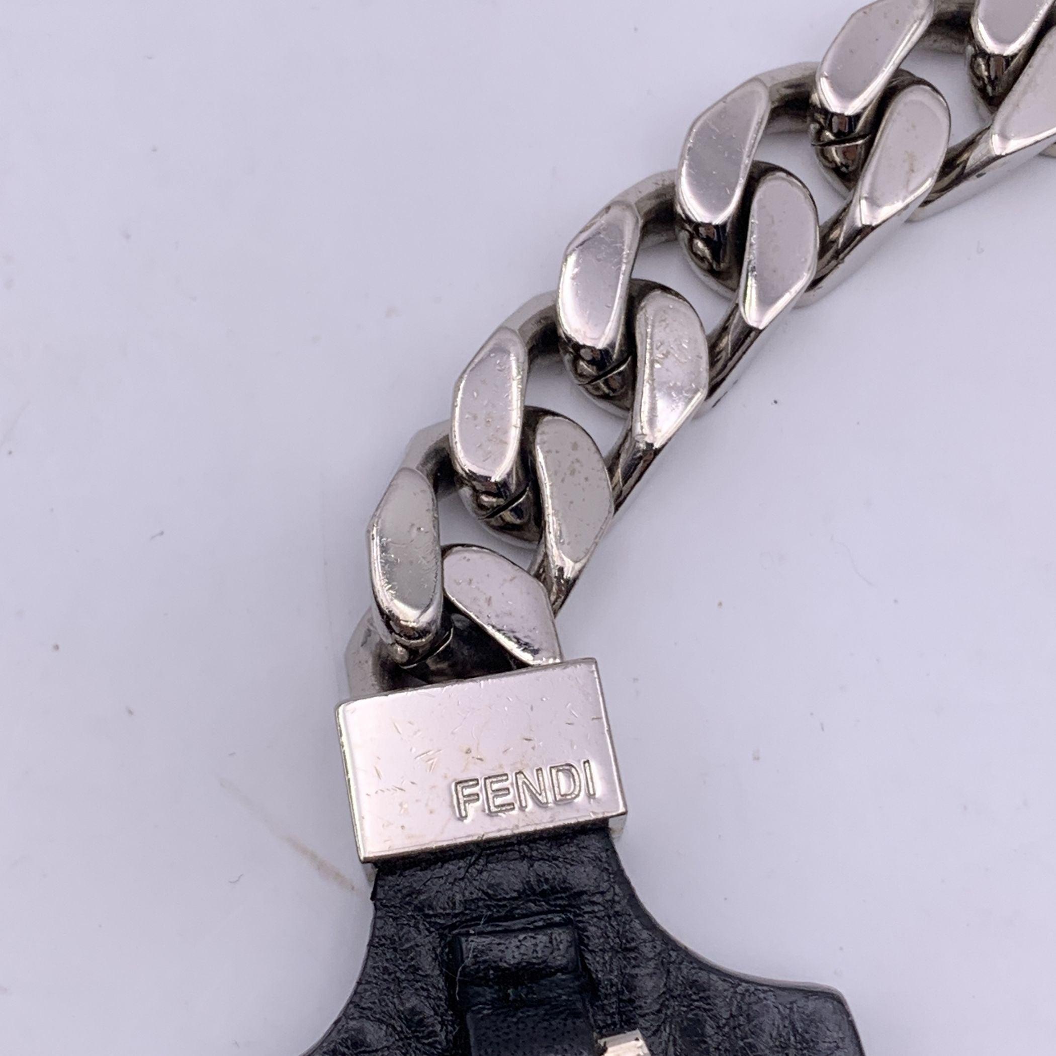 Women's Fendi Black Leather Collar and Silver Metal Cuban Chain Necklace