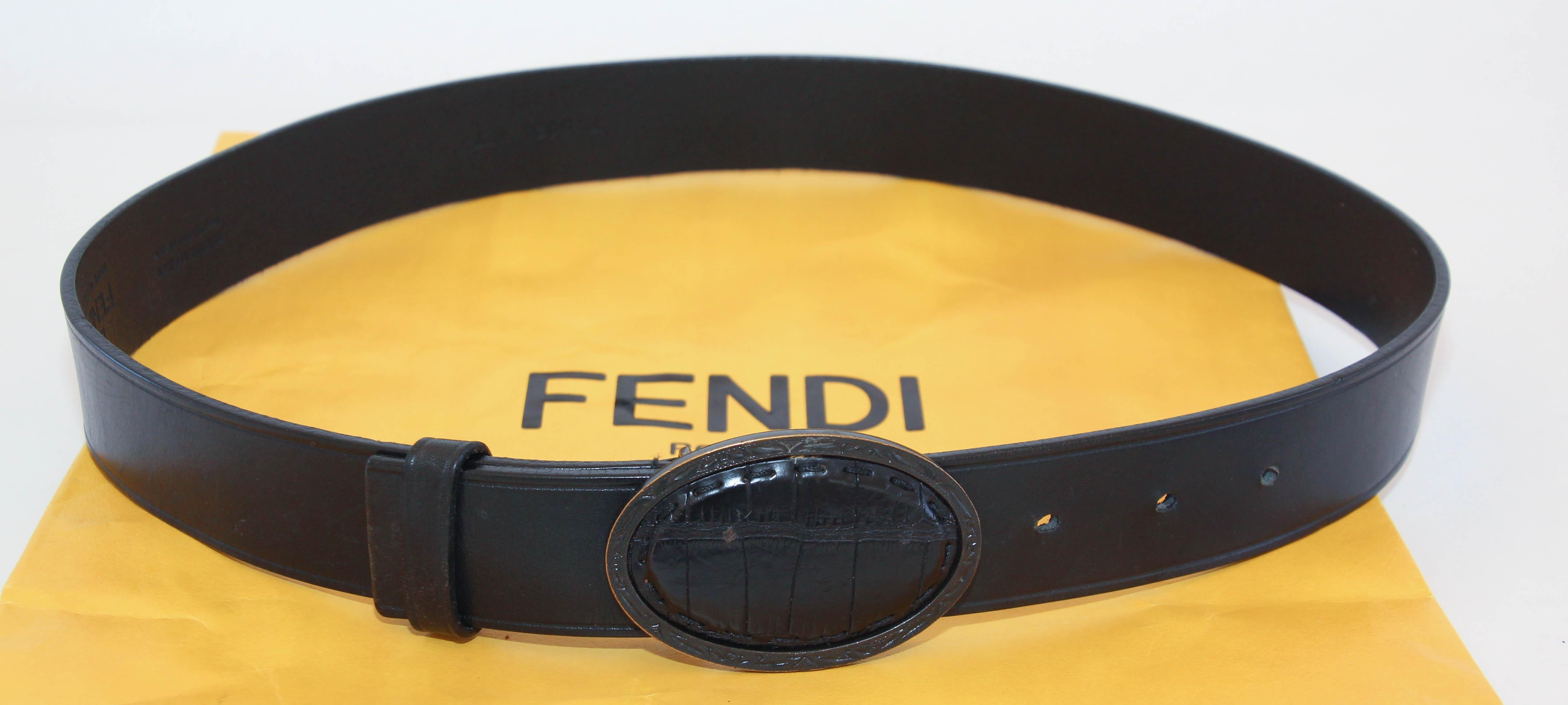 FENDI Black Leather Crocodile Cowboy Belt. For Sale 8