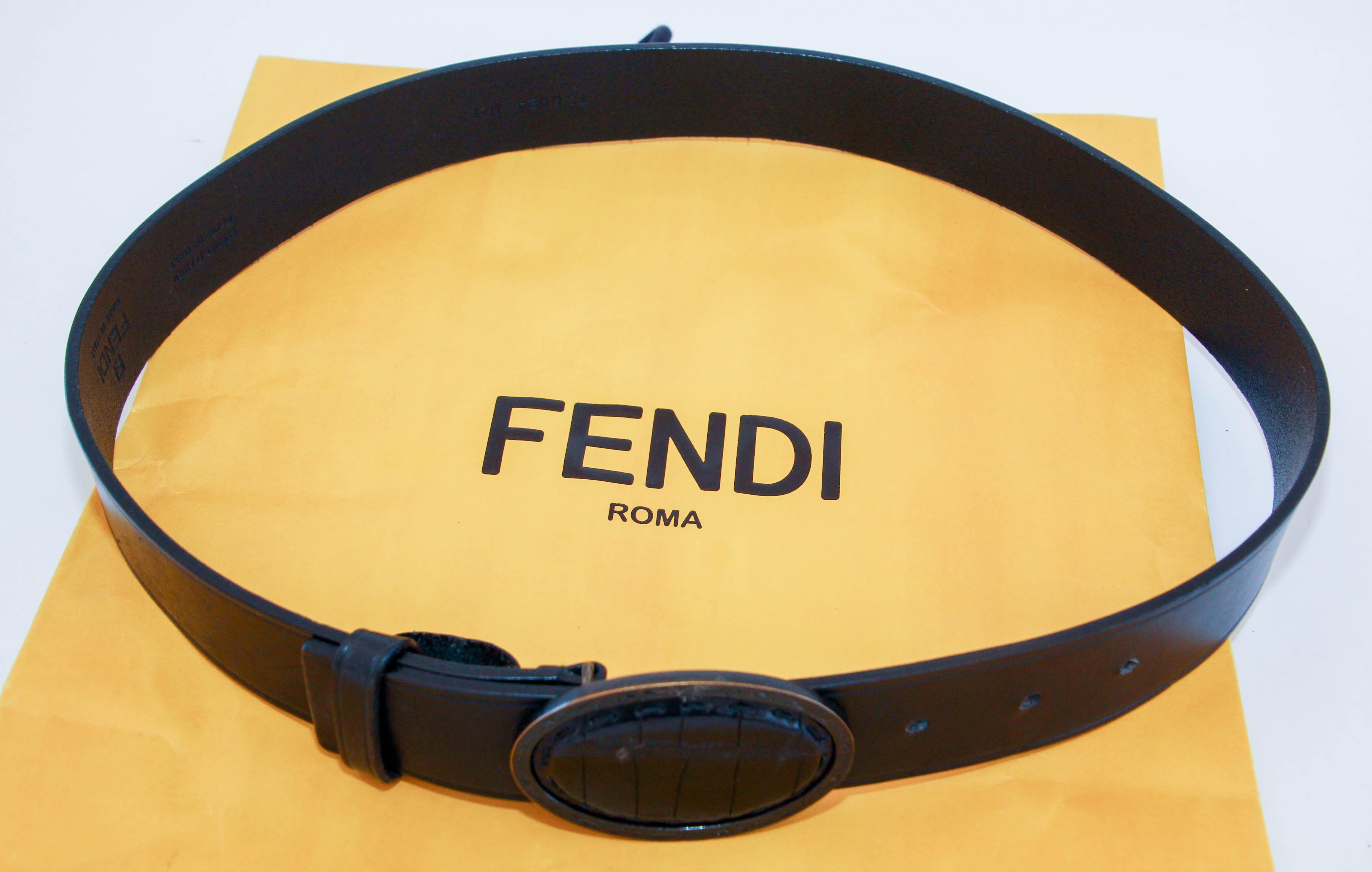 FENDI Black Leather Crocodile Cowboy Belt. For Sale 9