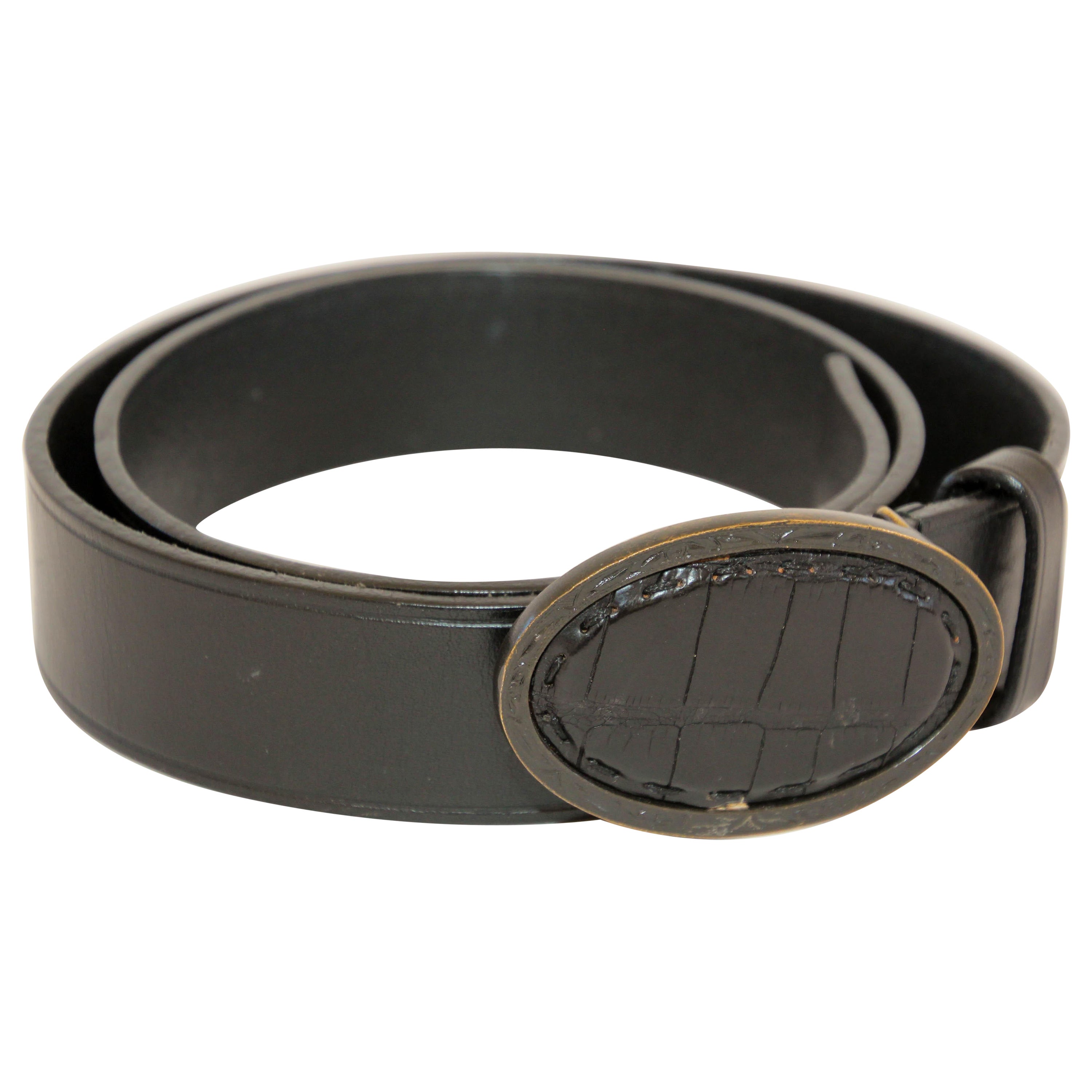 FENDI Cintura da cowboy in pelle nera con coccodrillo.
