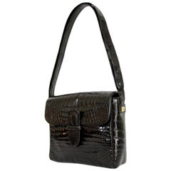 Fendi Black Leather Crocodile Print Shoulder Bag 1970s Vintage