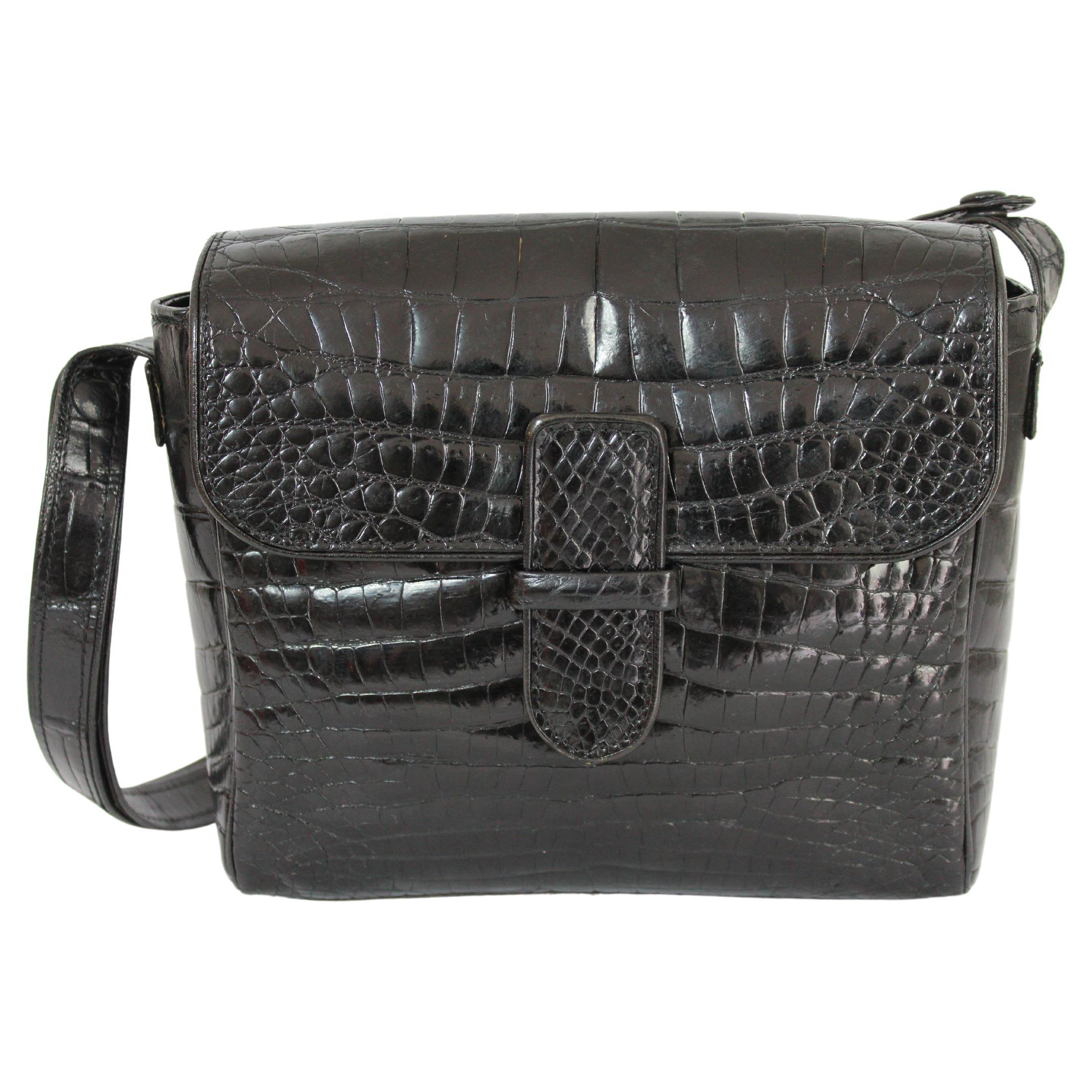 Fendi Black Leather Crocodile Print Shoulder Bag 1970s Vintage For Sale