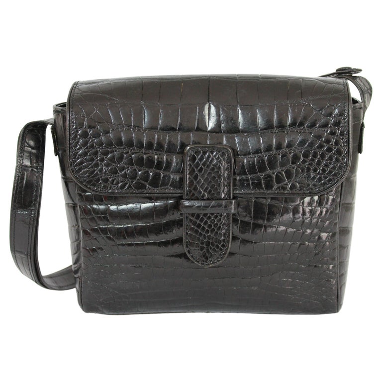 Fendi Black Leather Crocodile Print Shoulder Bag 1970s Vintage For