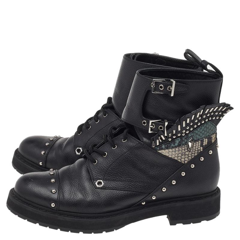 Fendi Black Leather Embellished Buckle Strap Ankle Boots Size 37
