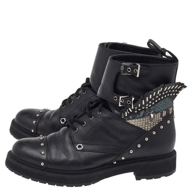 Fendi Black Leather Embellished Buckle Strap Ankle Boots Size 37 For Sale  at 1stDibs