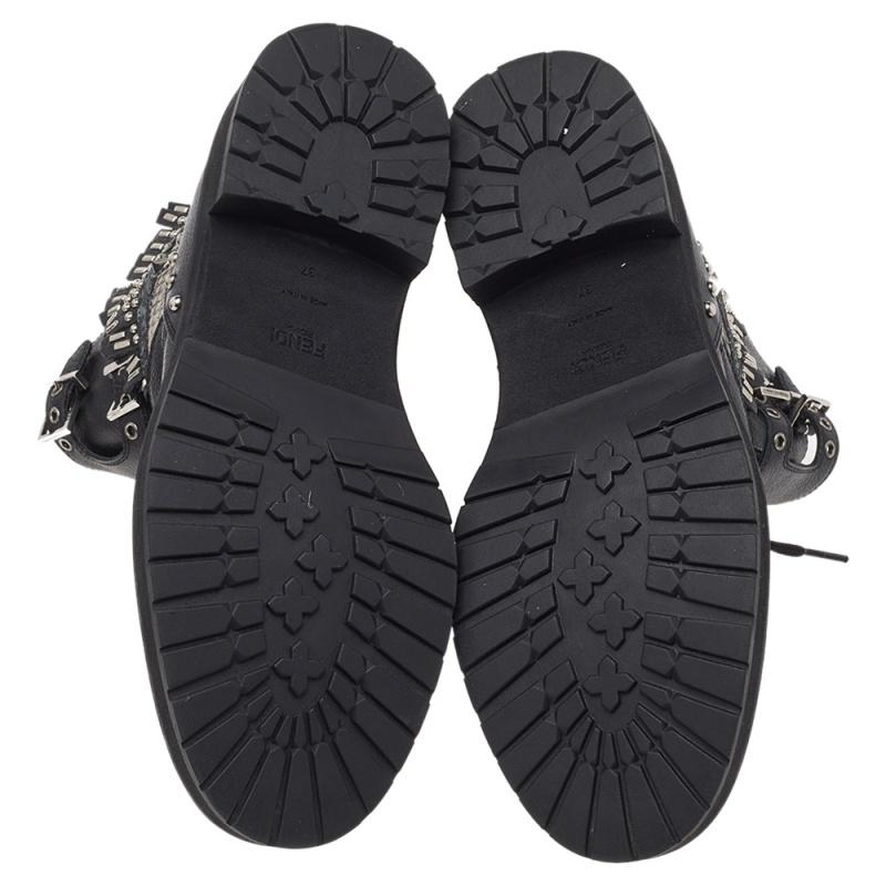 Fendi Black Leather Embellished Buckle Strap Ankle Boots Size 37 For Sale 3