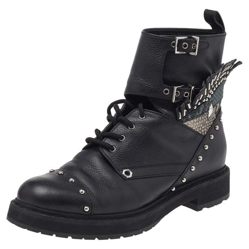 Fendi Black Leather Embellished Buckle Strap Ankle Boots Size 37 For Sale