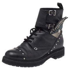 Fendi Black Leather Embellished Buckle Strap Ankle Boots Size 37