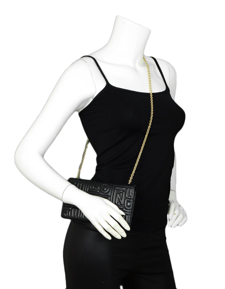 Fendi Black Leather Embossed Monogram Wallet on a Chain Crossbody Bag