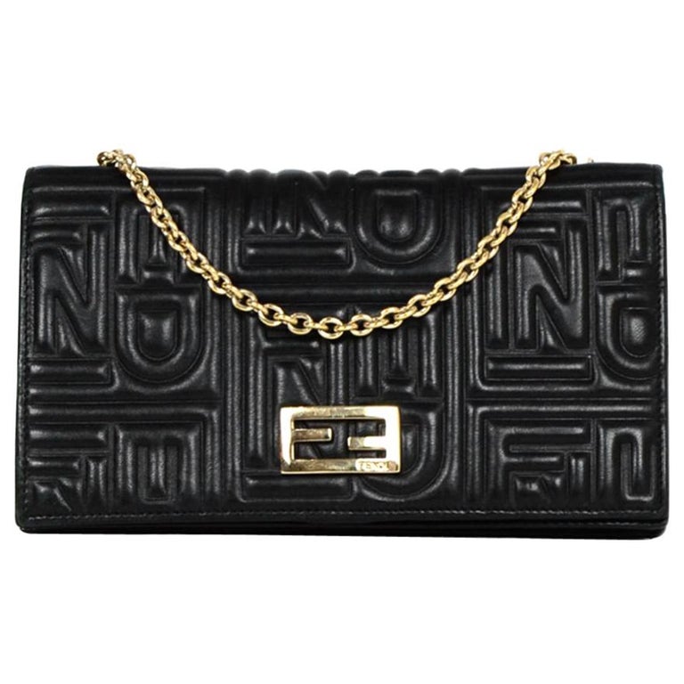Fendi Black Leather Embossed Monogram Wallet on a Chain Crossbody Bag