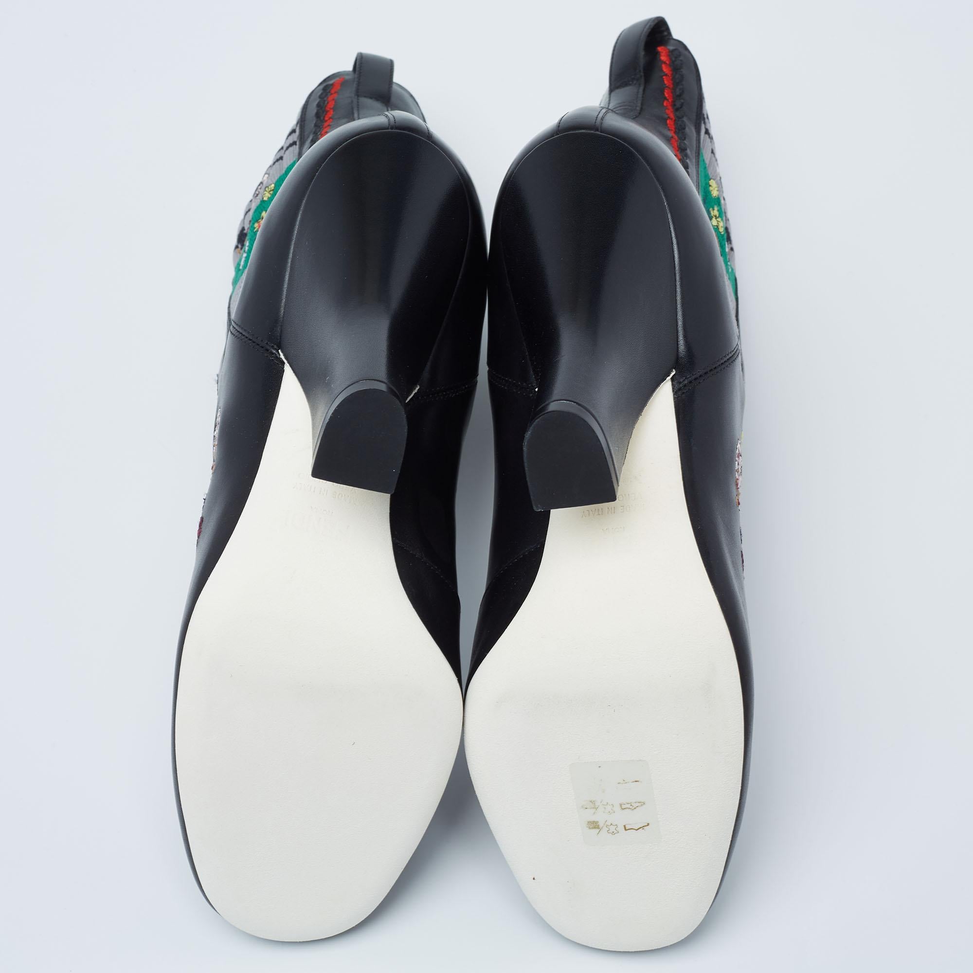 Fendi Black Leather Embroidered Ankle Boots Size 38.5 In New Condition In Dubai, Al Qouz 2