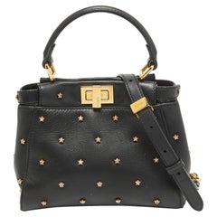 Fendi Black Leather Extra Small Crystal Peekaboo Top Handle Bag