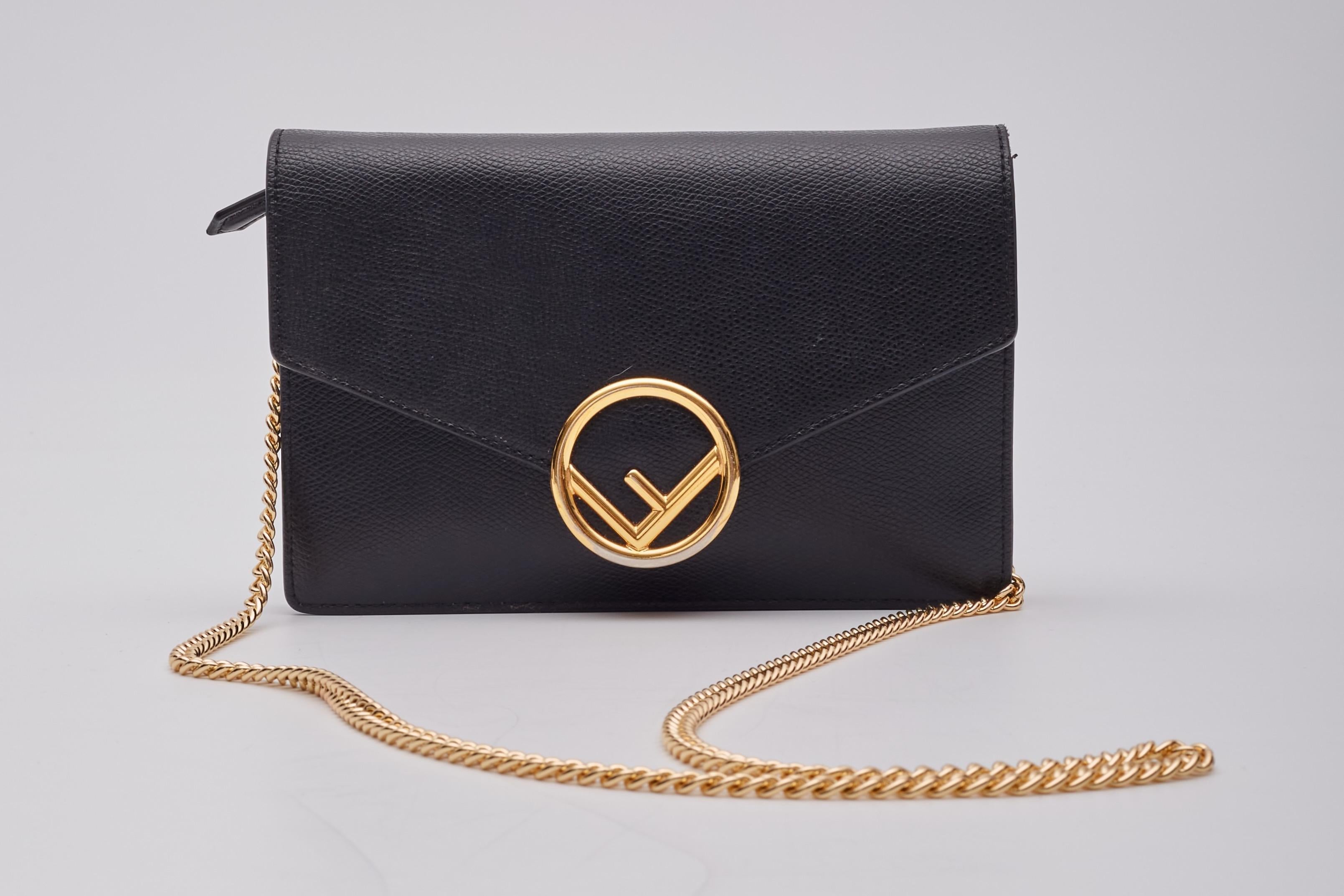 Fendi Black Leather F Logo Wallet On Chain Bag For Sale 9