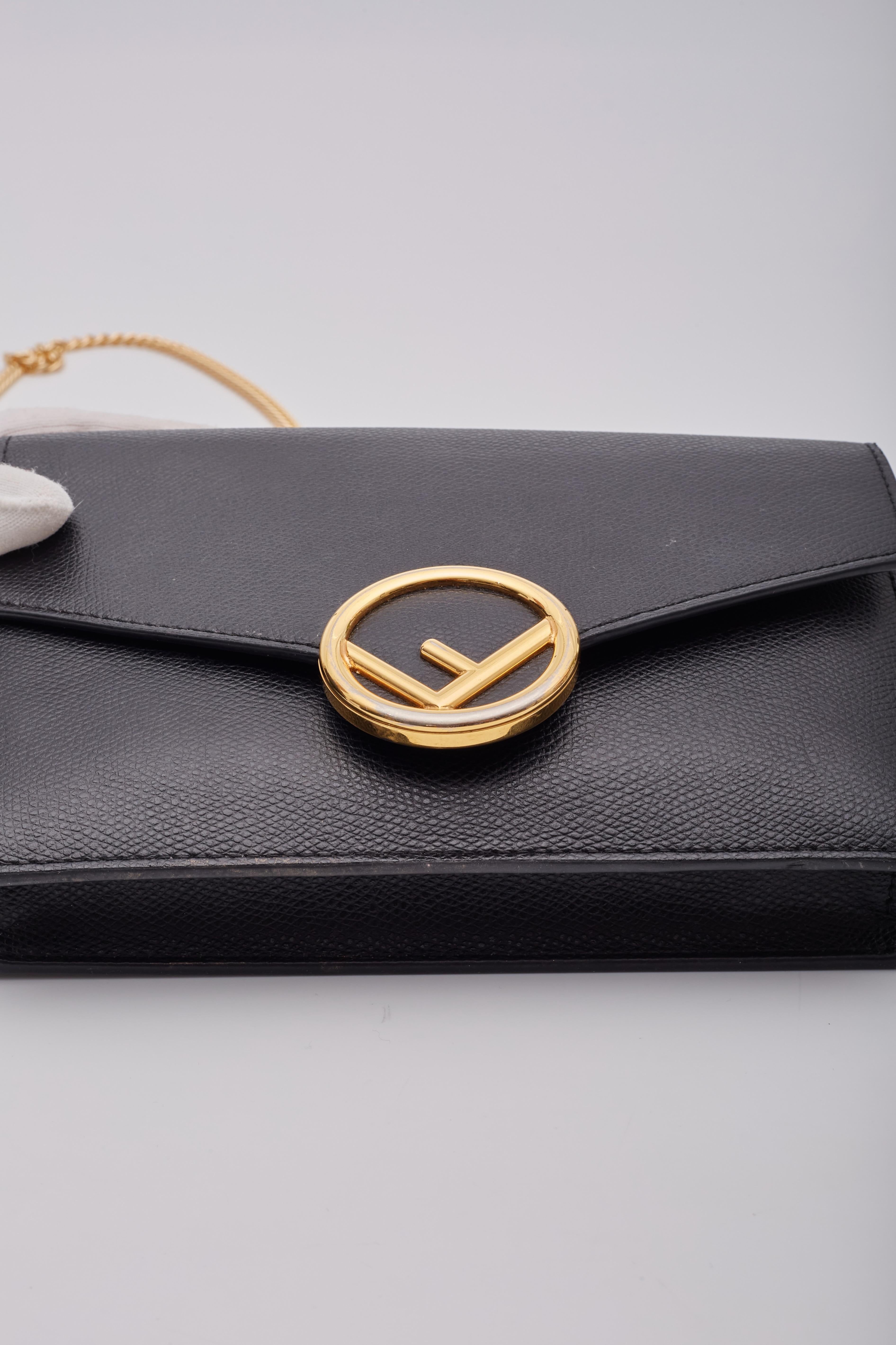 Fendi Black Leather F Logo Wallet On Chain Bag For Sale 3