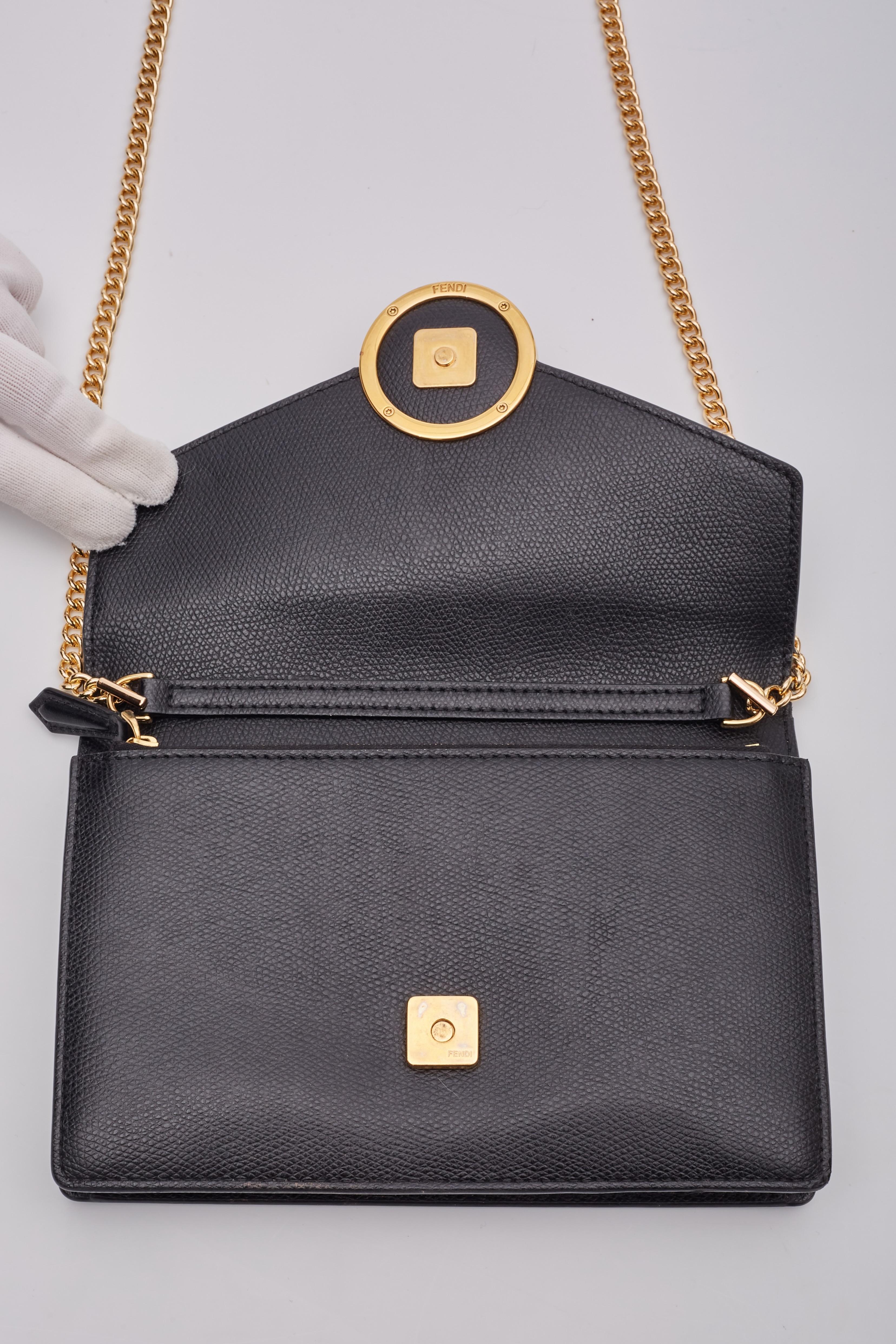 Fendi Black Leather F Logo Wallet On Chain Bag For Sale 4