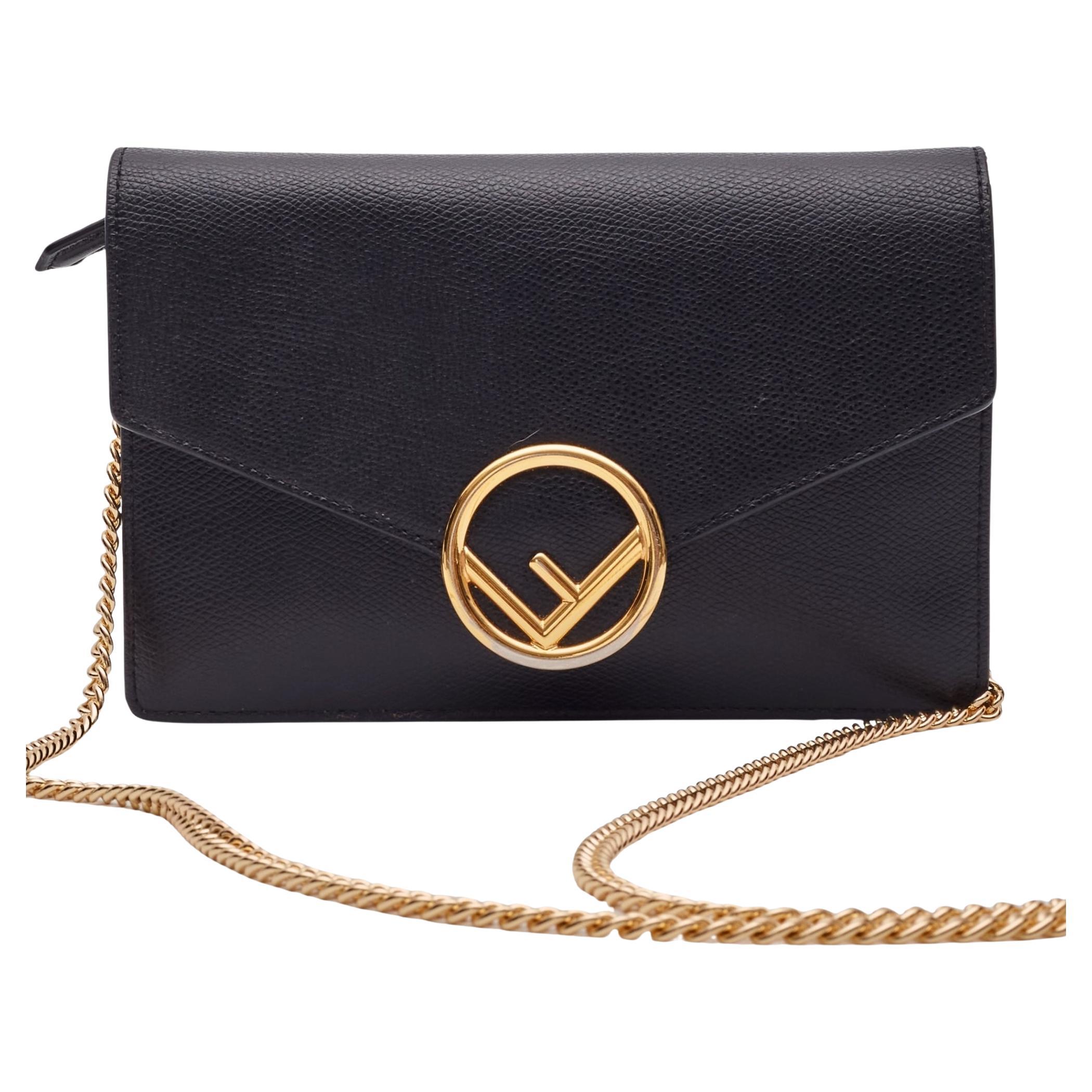 Fendi Black Leather F Logo Wallet On Chain Bag For Sale