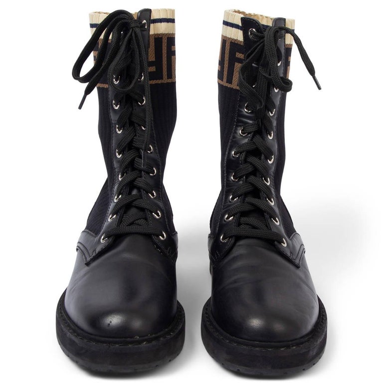 FENDI black leather and fabric ROCKOKO Combat Biker Boots Shoes 37.5 at  1stDibs