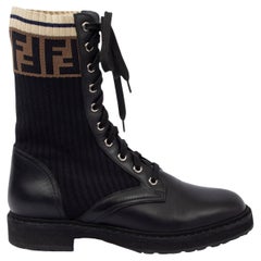 FENDI black leather & fabric ROCKOKO Combat Biker Boots Shoes 37.5