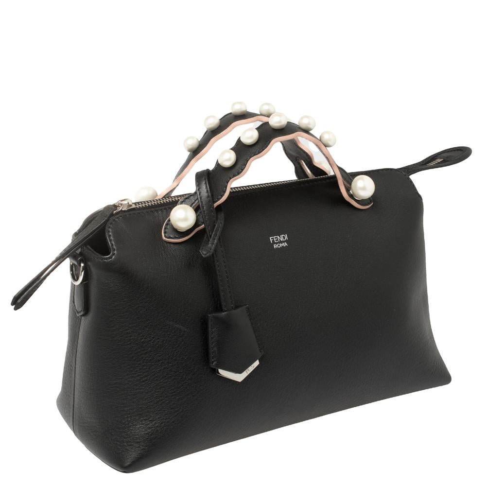 Fendi Black Leather Faux Pearl Embellished Medium By The Way Satchel In Good Condition In Dubai, Al Qouz 2