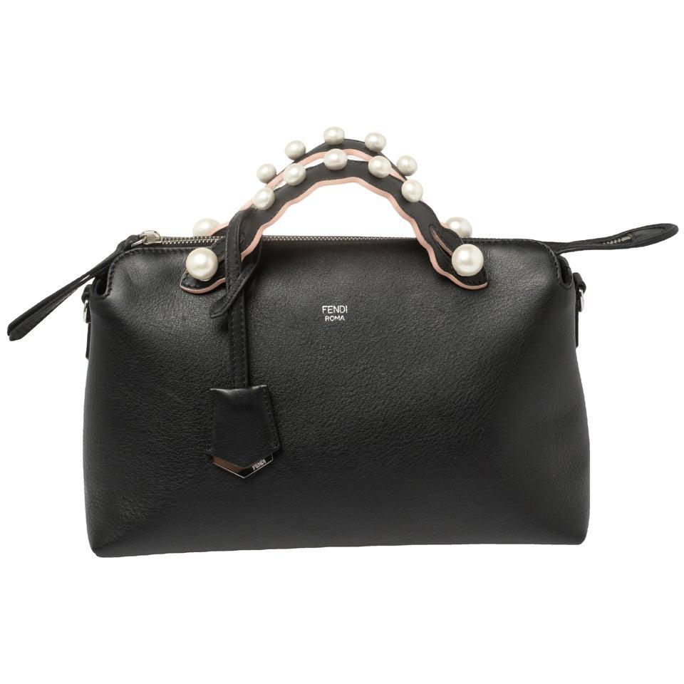 Fendi Black Leather Faux Pearl Embellished Medium By The Way Satchel